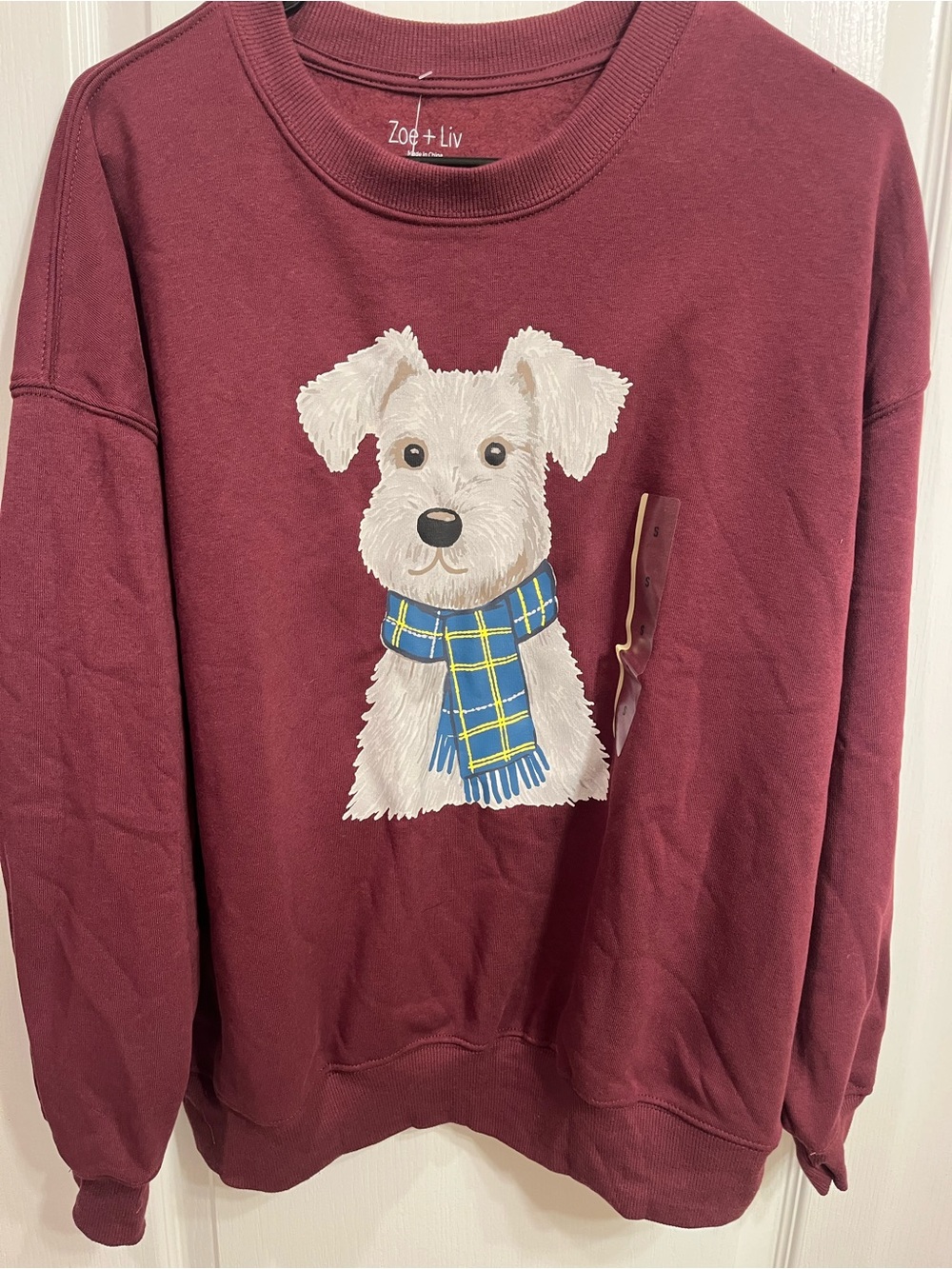 Zoe + Liv Maroon Sweatshirt with White Dog Graphic and Blue Plaid Scarf